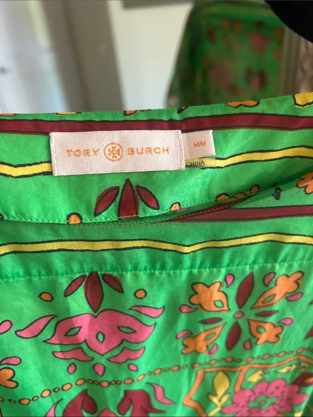 Tory Burch Green Floral-Paisley dress with Pink and Yellow Accents